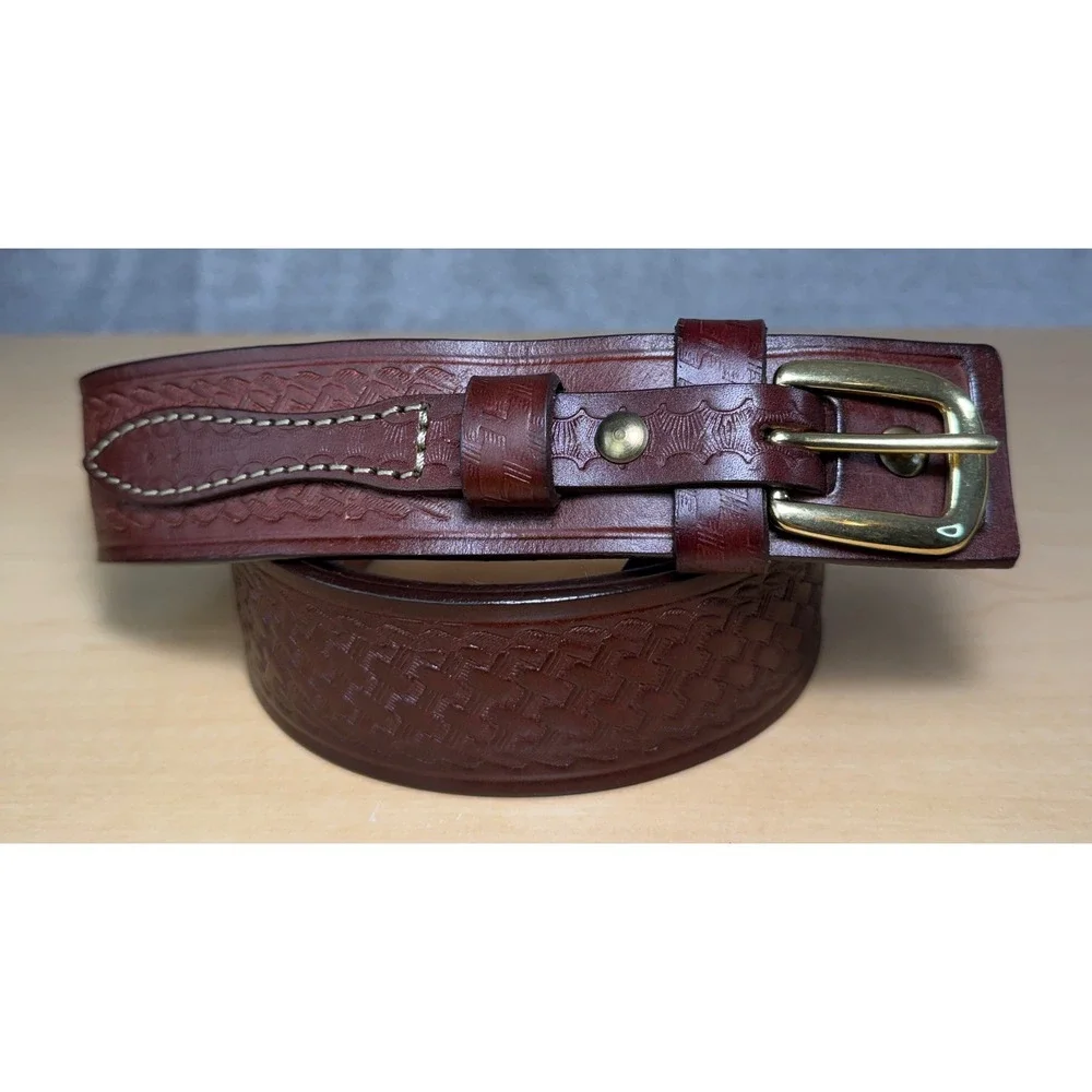 Cabelas Belt Mens 50 Brown Basketweave Embossed Leather Western Work 900081